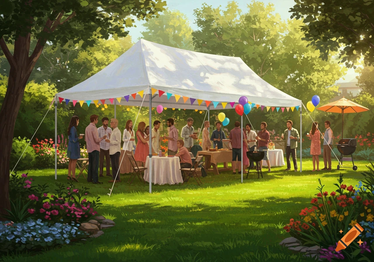 Illustration of a backyard party with a large tent and many people gathering.