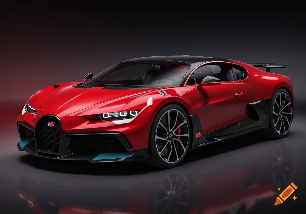 A red and black Bugatti Divo sports car is parked on a dark reflective surface.