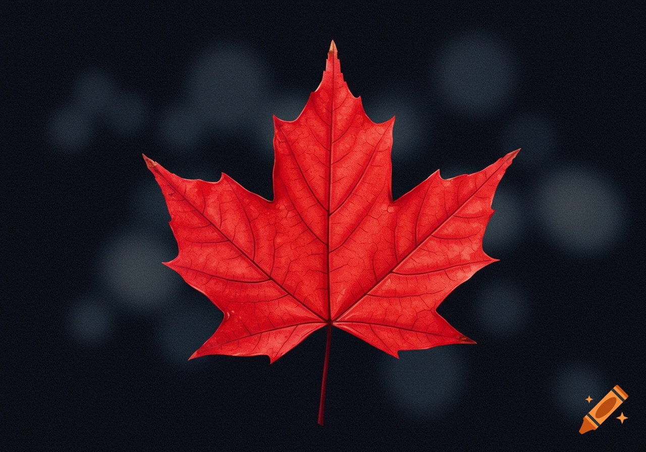 A vibrant red maple leaf centered against a dark, blurry background.