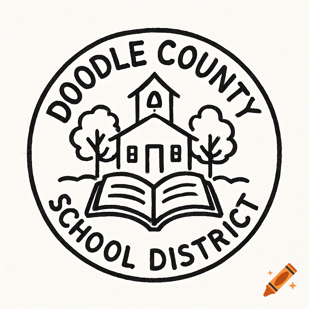 Circular logo with line drawing of a school, trees, and open book, surrounded by the text "DOODLE COUNTY SCHOOL DISTRICT".