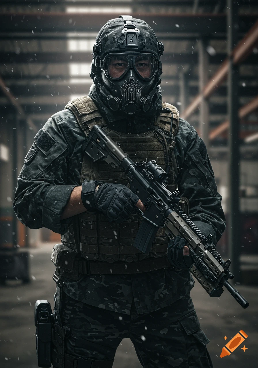 A person in tactical gear and gas mask holding a rifle in a snowy setting, hyperrealistic style.