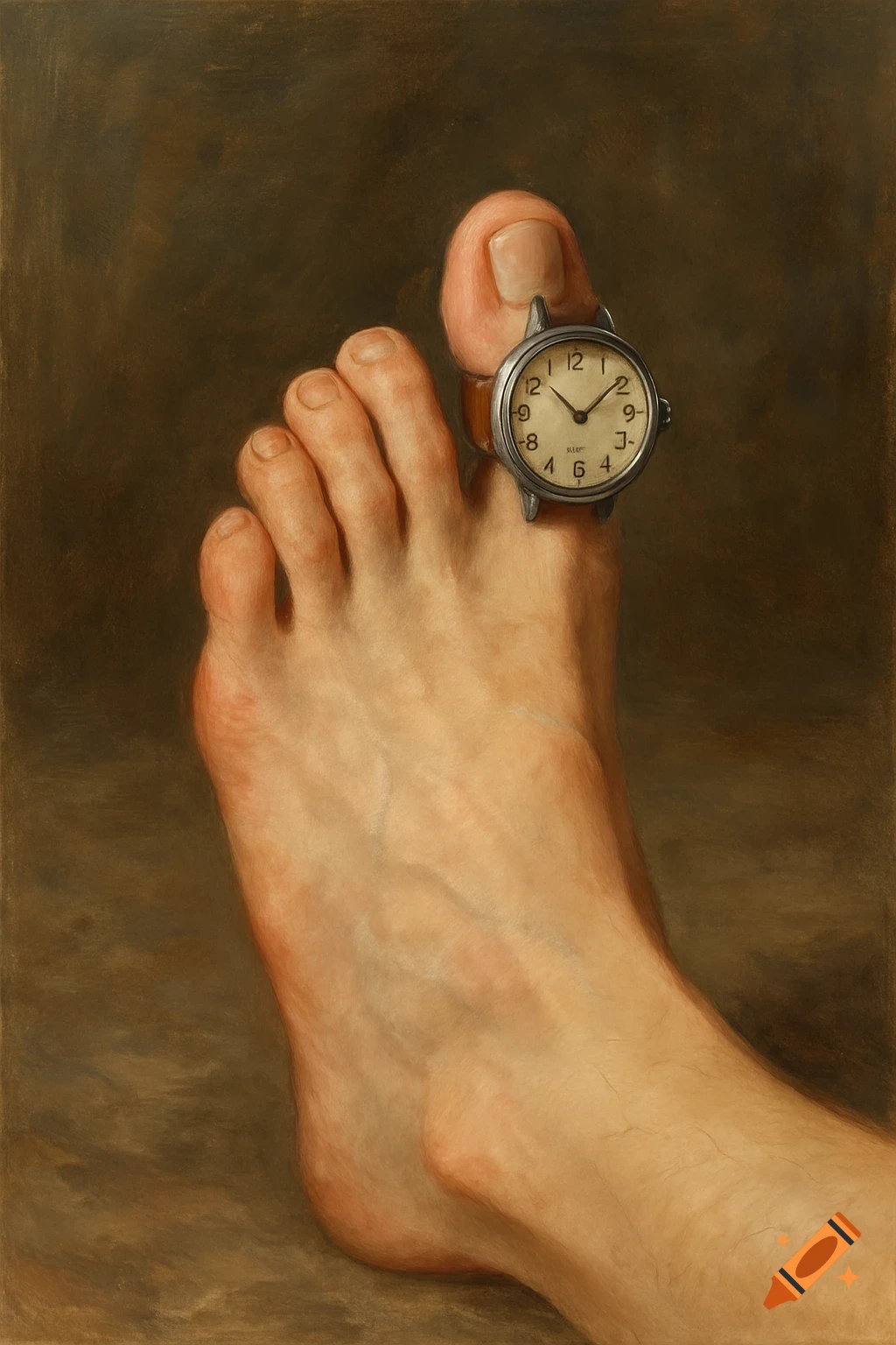 A close-up painterly image of a bare foot with an analog watch on the big toe.