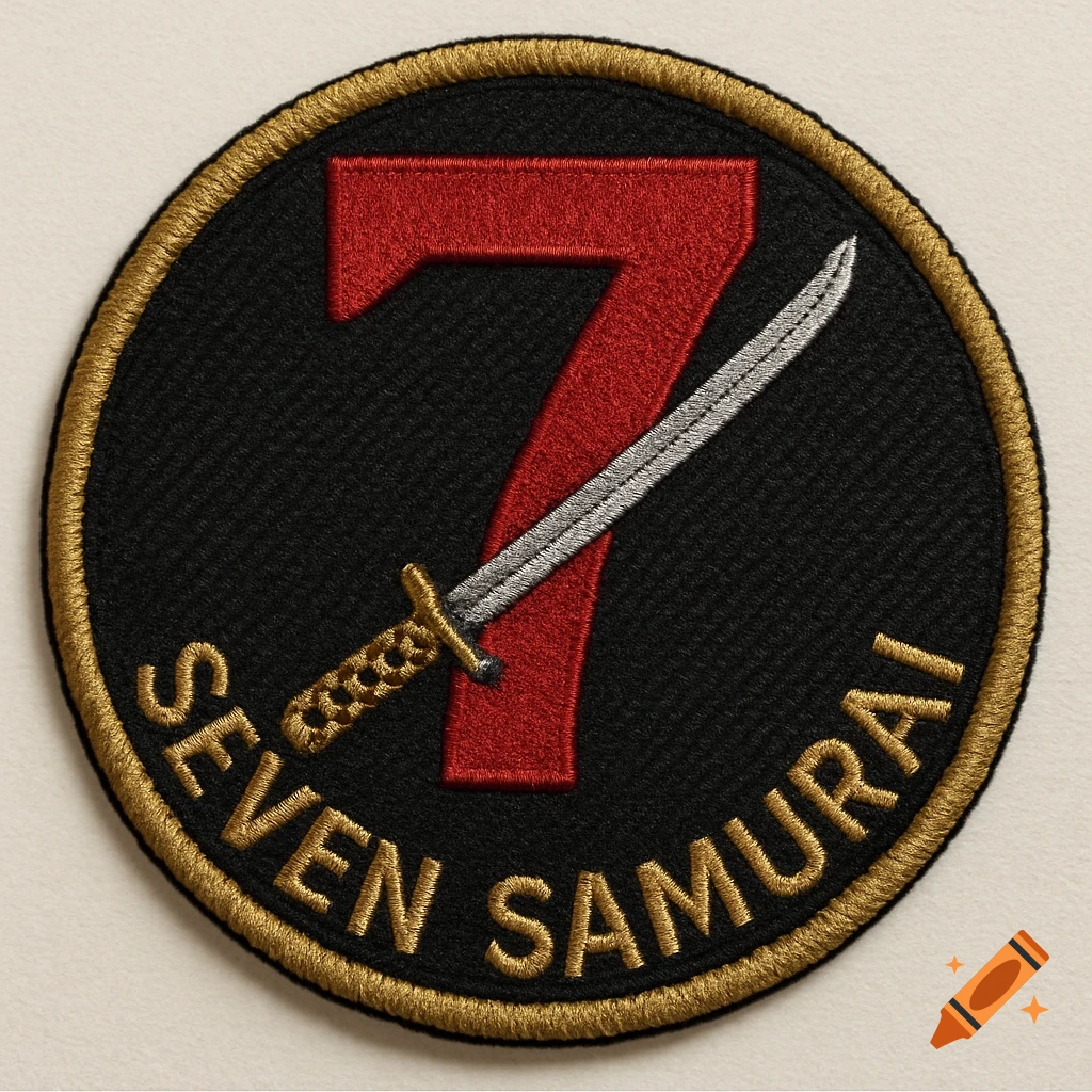 Embroidered circular patch with red number 7, gold katana, and 'SEVEN SAMURAI' text.