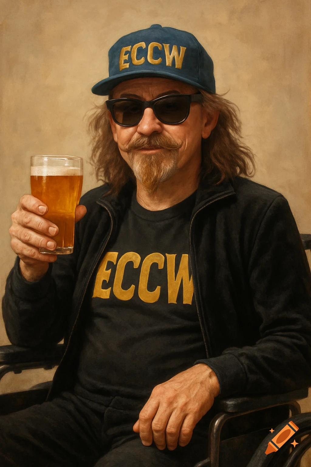 Portrait of man with mustache and goatee, wearing ECCW hat and shirt, holding a beer glass.