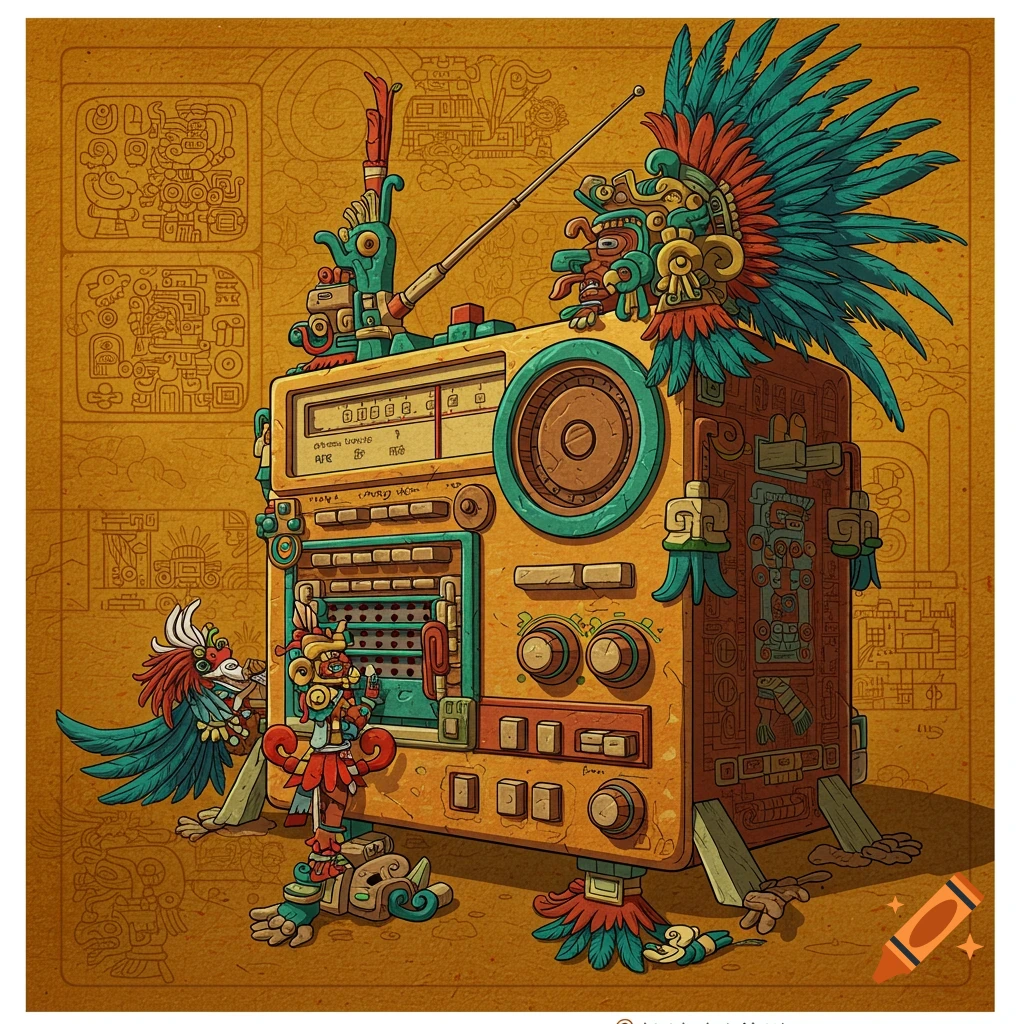 Radio stylized with Aztec carvings, feather headdresses, and figures.