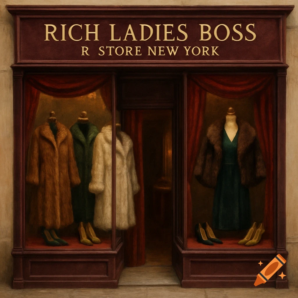 Storefront window with mannequins displaying fur coats, dresses, and shoes.