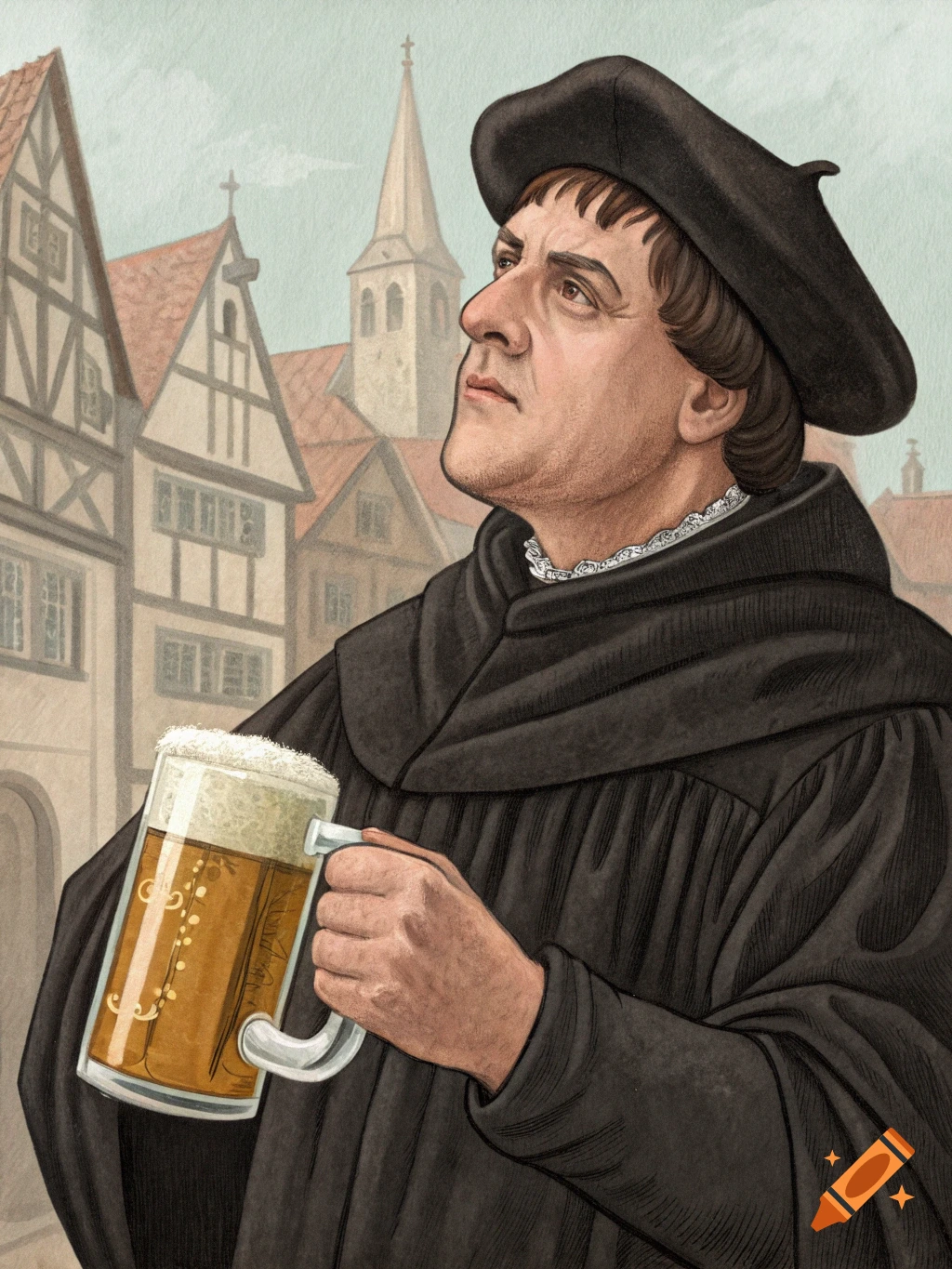Illustration of Martin Luther holding a large beer stein with buildings in the background.