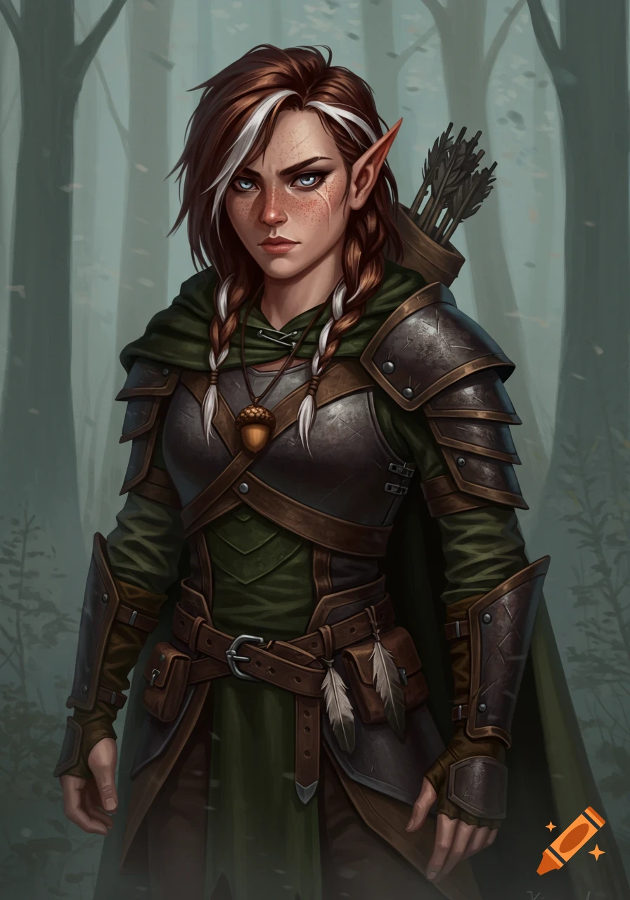 A female elf ranger stands in a misty forest.