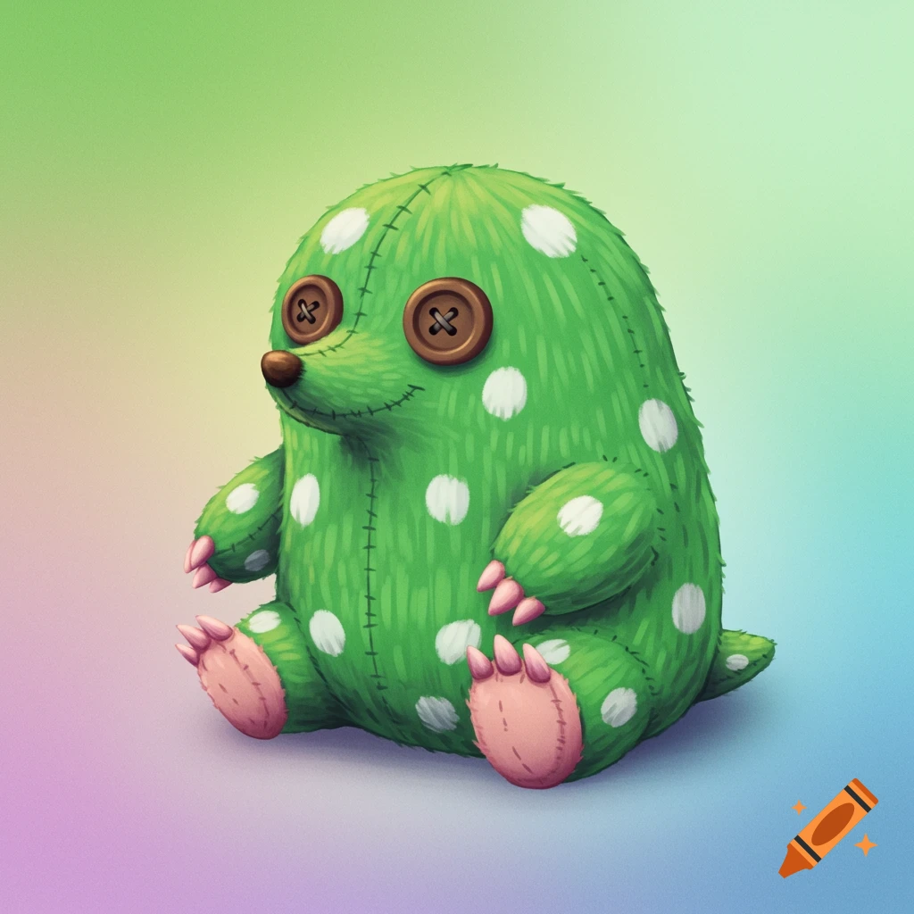 Green mole plush toy with white dots and button eyes sits on a colorful background.
