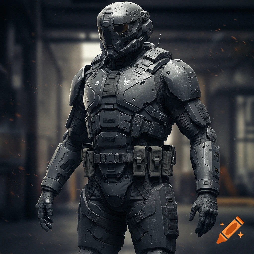 Figure wearing dark hyperrealistic tactical combat armor