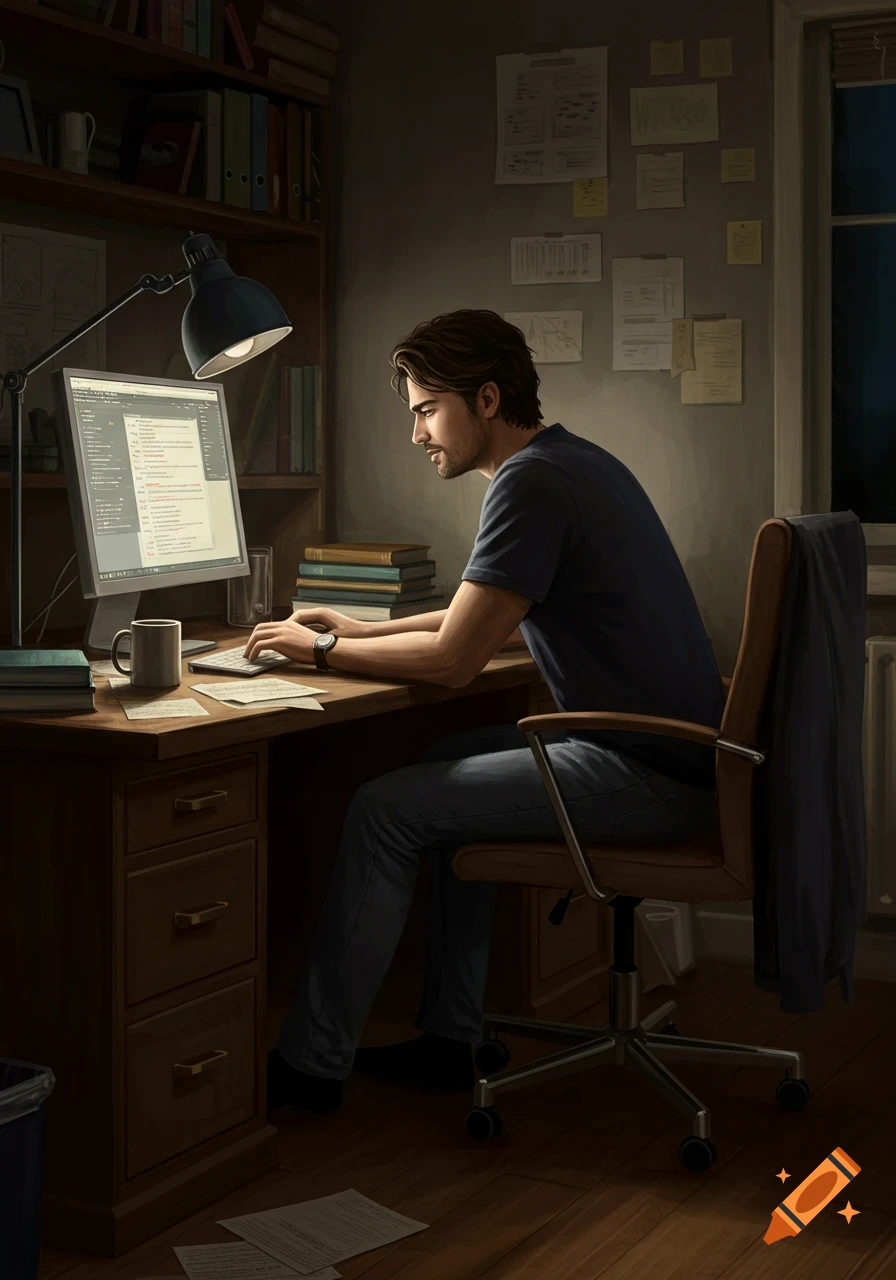 A man sits at a desk in a dimly lit room, working on a computer.