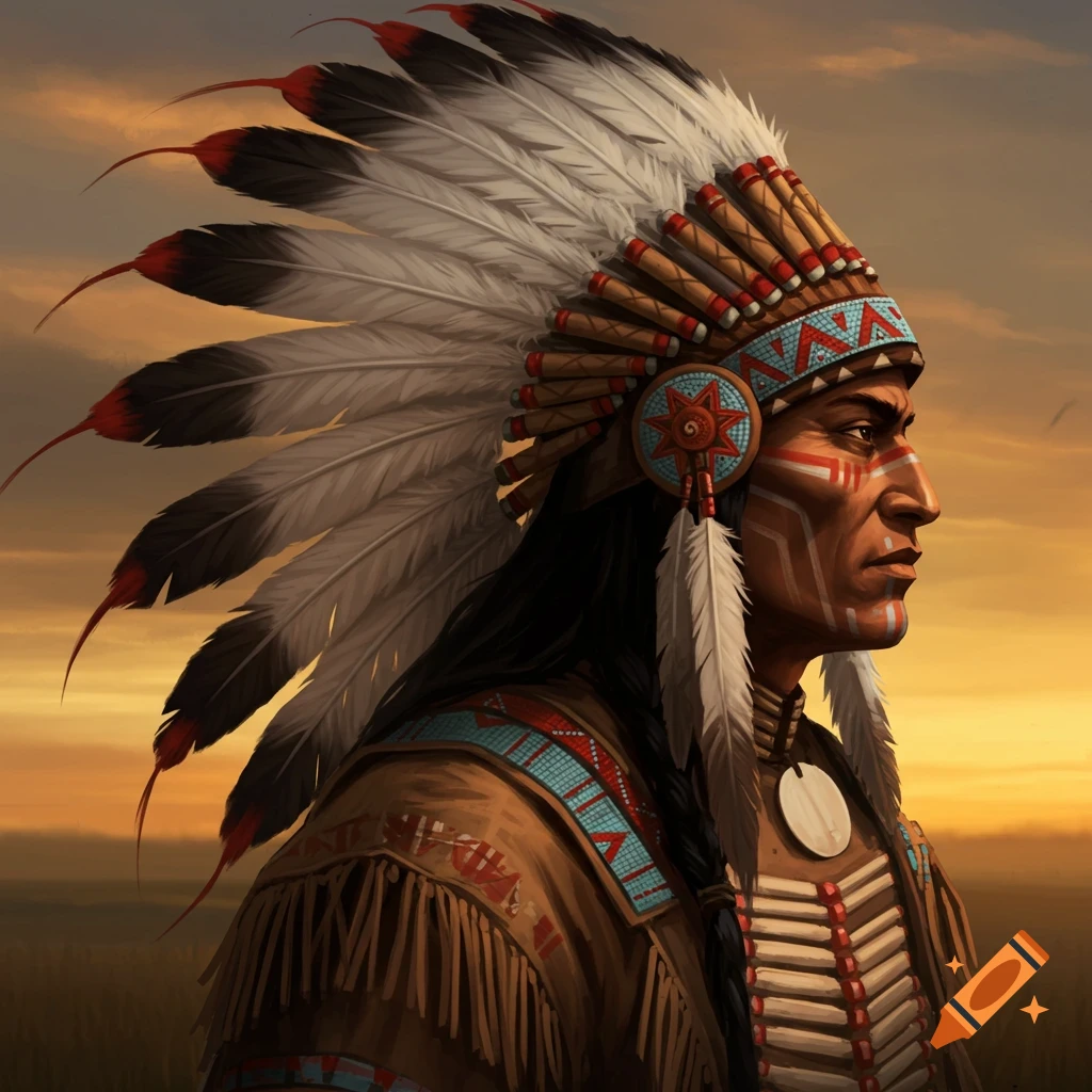 Profile of a Native American chief with feather headdress and face paint against a sunset landscape.