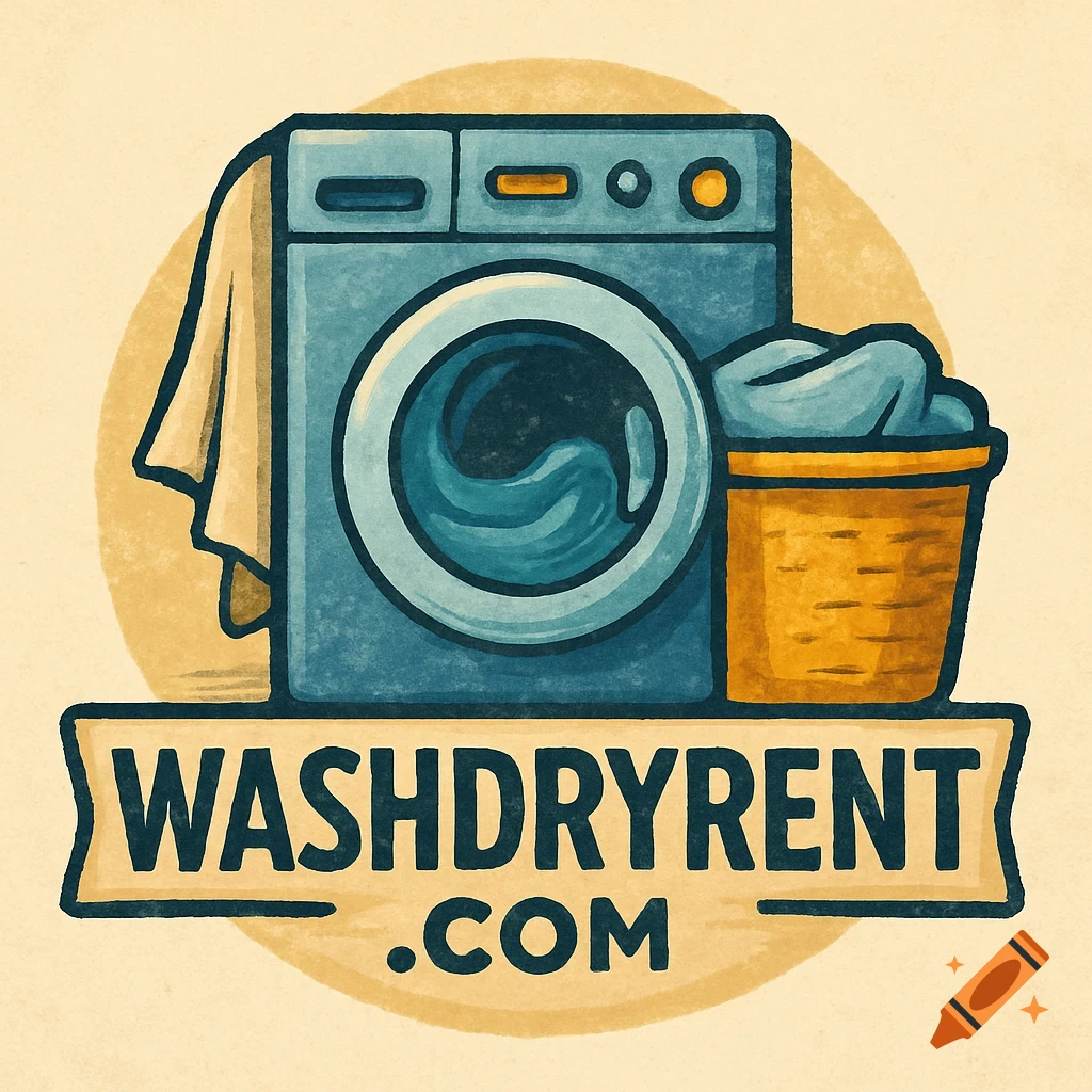 Illustrated logo featuring a blue washing machine, a laundry basket filled with clothes, and the text WASHDRYRENT.COM below.