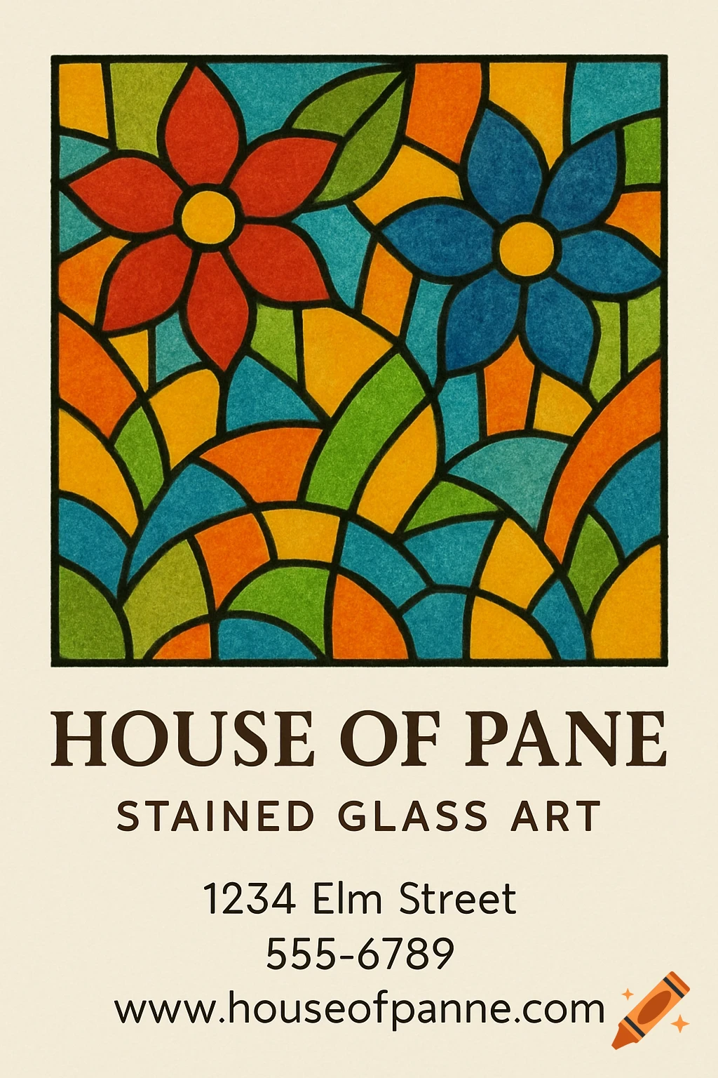 Business card design featuring colorful stained glass art with flowers and geometric shapes, and text for House of Pane stained glass art.