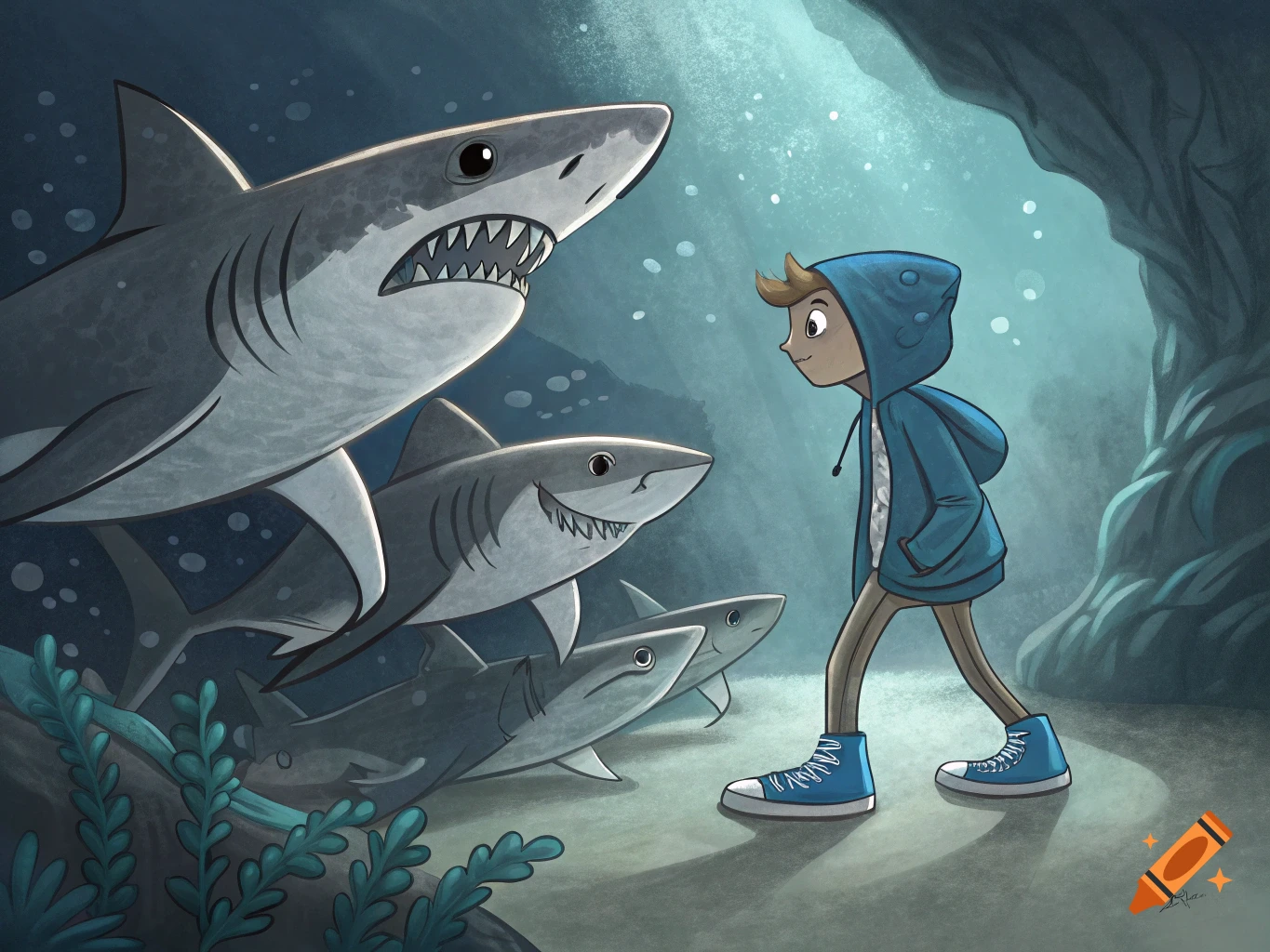 A cartoon boy in a blue hoodie walks past several sharks underwater in an illustrated style.