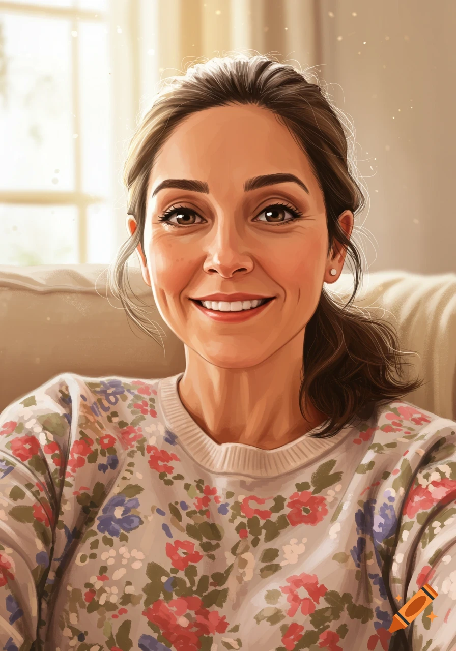 Digital painting of a smiling woman in a floral sweater taking a selfie ...