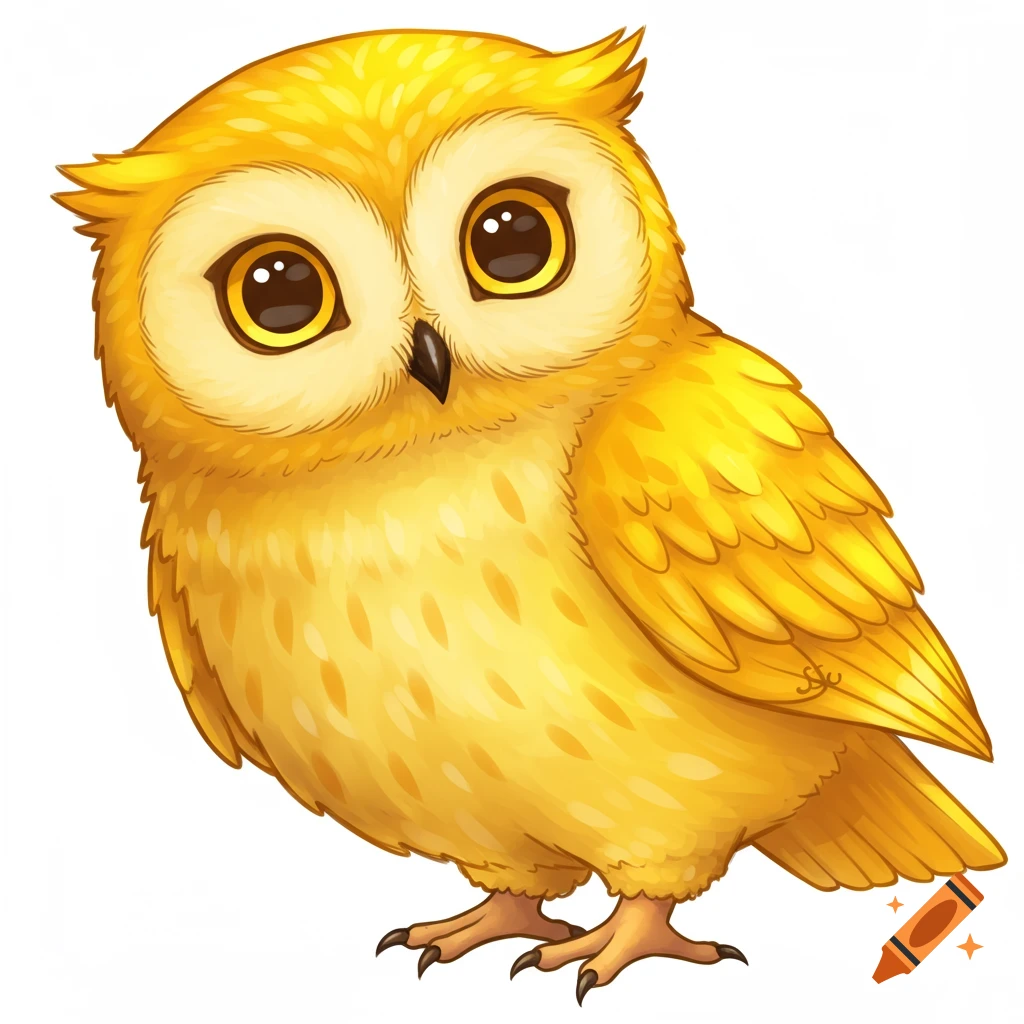 A yellow owl with large eyes in a painting style on a white background.