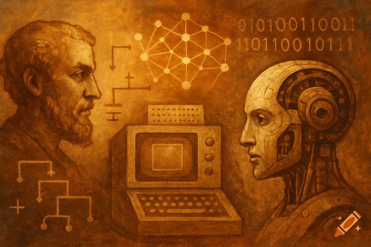 A man and a robot face each other, with an old computer, circuit diagrams, and binary code in an antique style.
