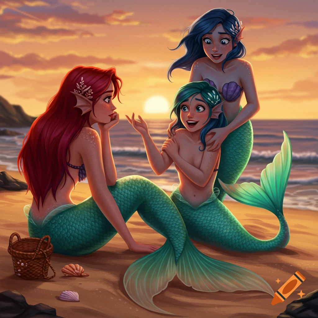 Illustration of three mermaids sitting on a sandy beach at sunset.