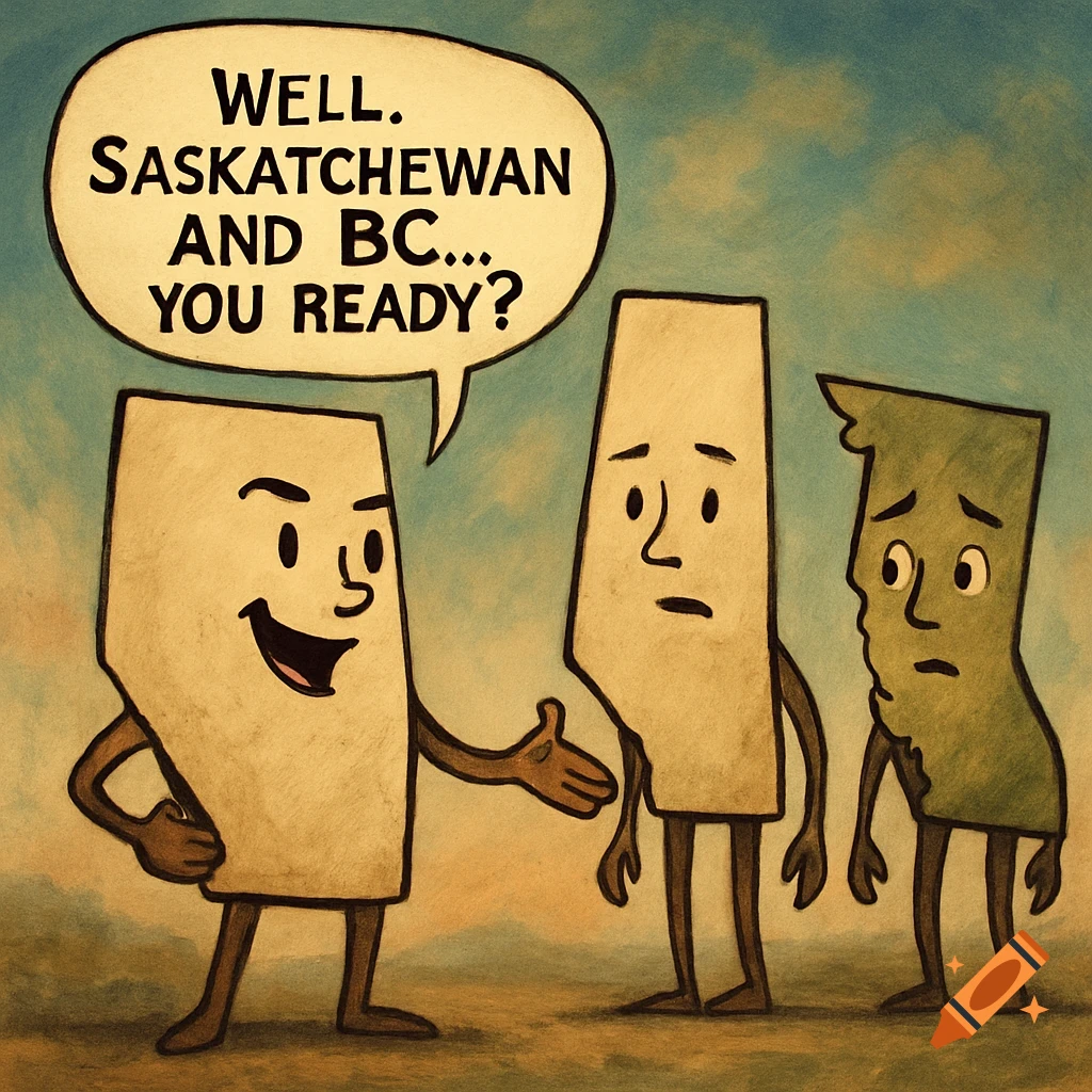 Cartoon provinces of Alberta, Saskatchewan, and BC. Alberta speaks in a bubble: 'Well. Saskatchewan and BC... you ready?'.