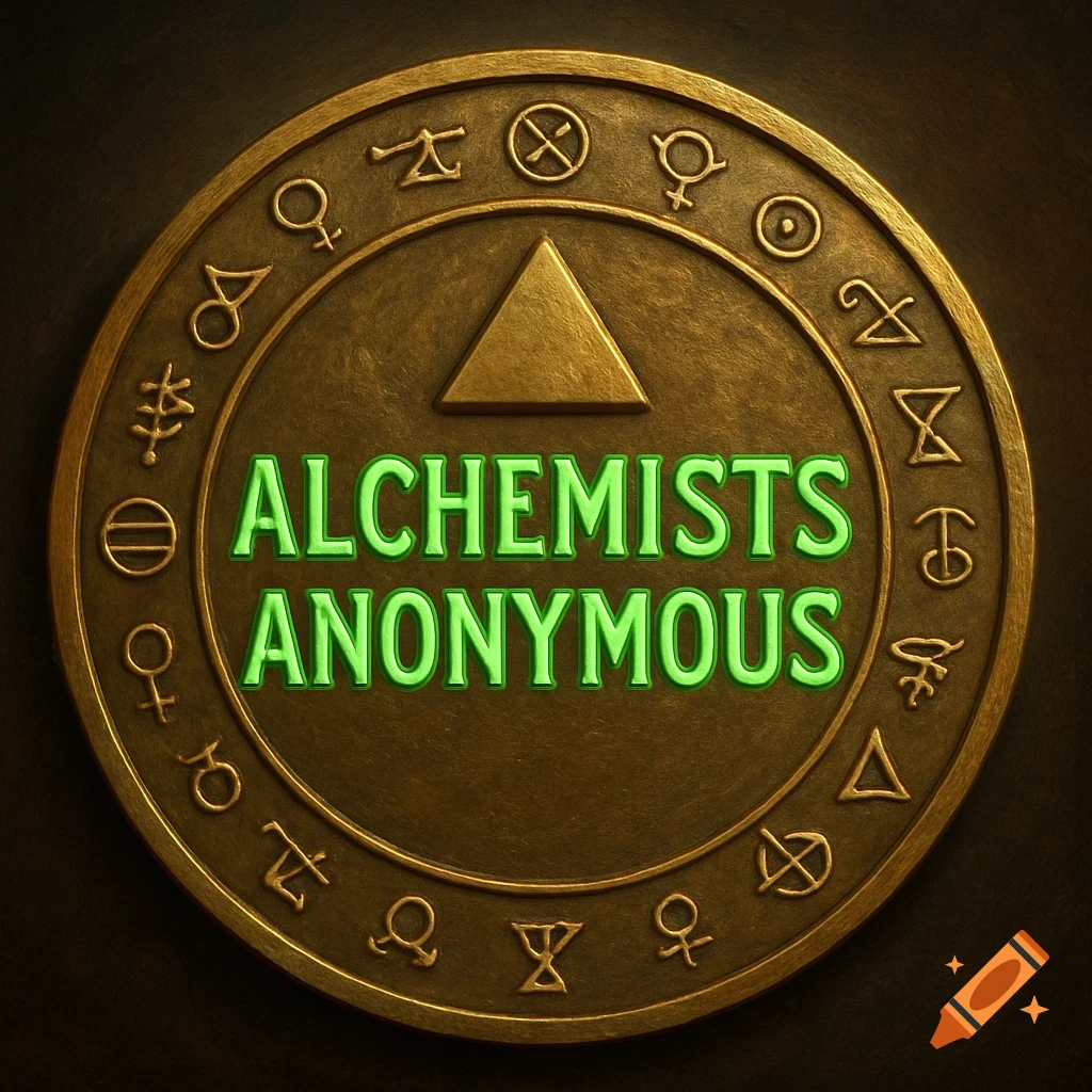 Gold coin or chip with green text 'Alchemists Anonymous' and arcane alchemical symbols around the edge.