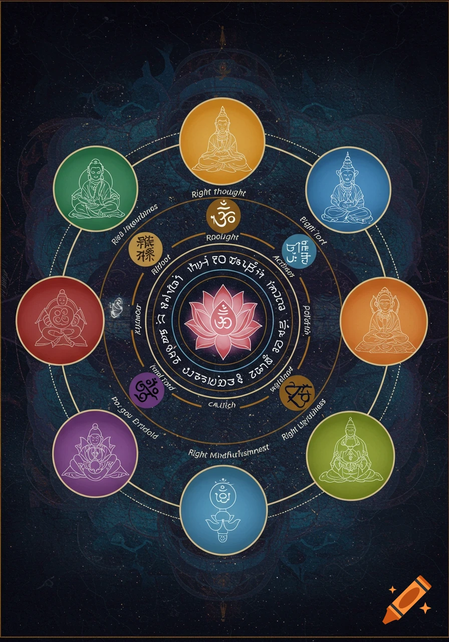 A circular diagram illustrating the Noble Eightfold Path with meditating figures, symbols, and text on a dark, starry background.