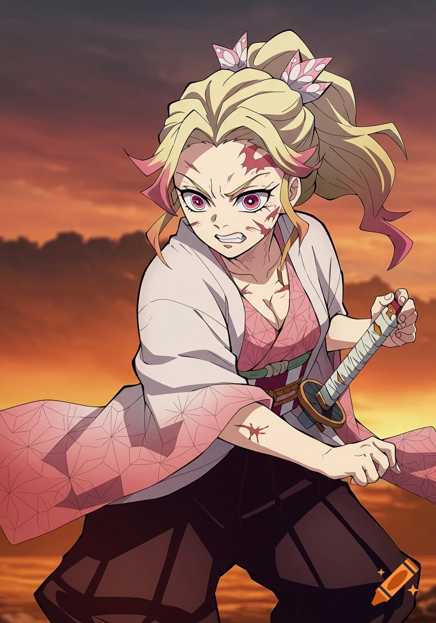 Anime character with blonde hair holding a sword against a sunset background.