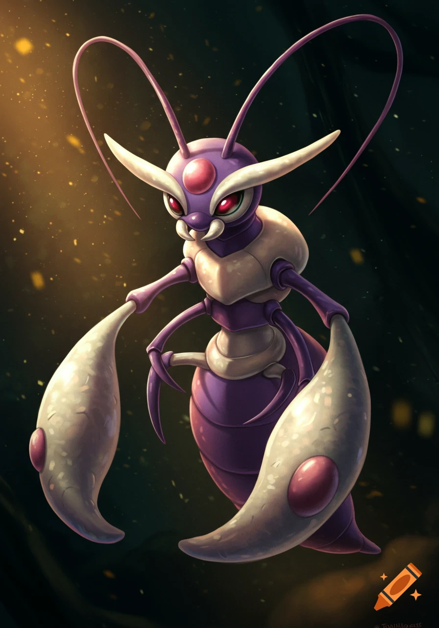 Purple insectoid creature with large claws and long antennae. on Craiyon