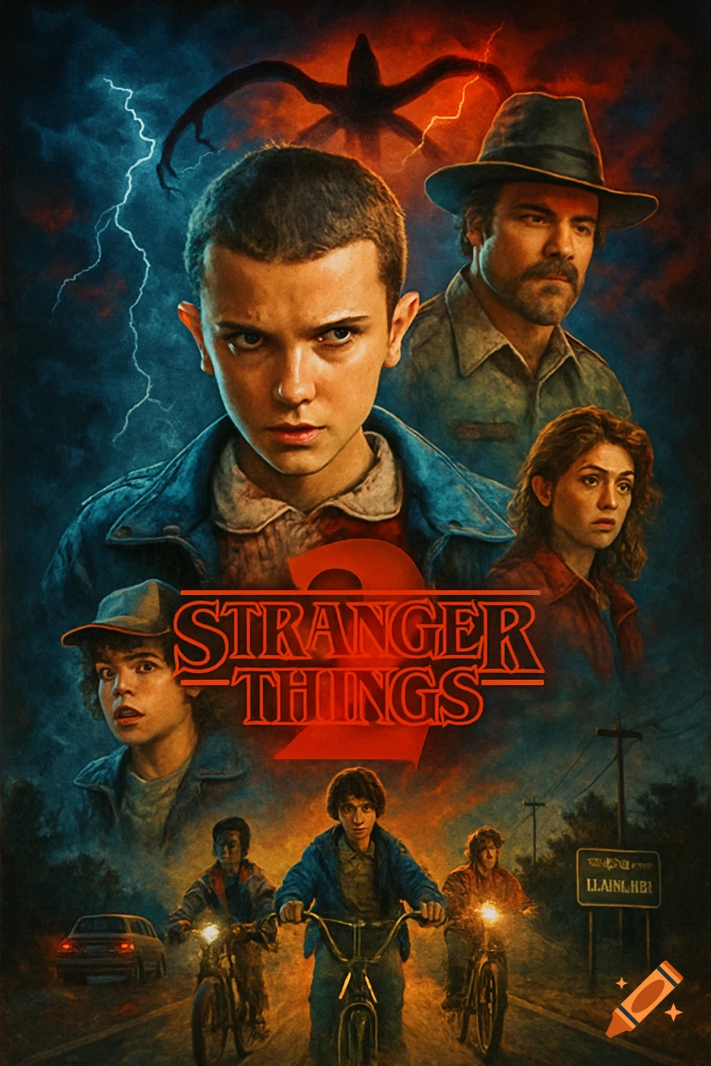 Poster for Stranger Things featuring Eleven, Hopper, Dustin, Mike, Lucas, Max, and the Mind Flayer with lightning. Kids ride bikes.