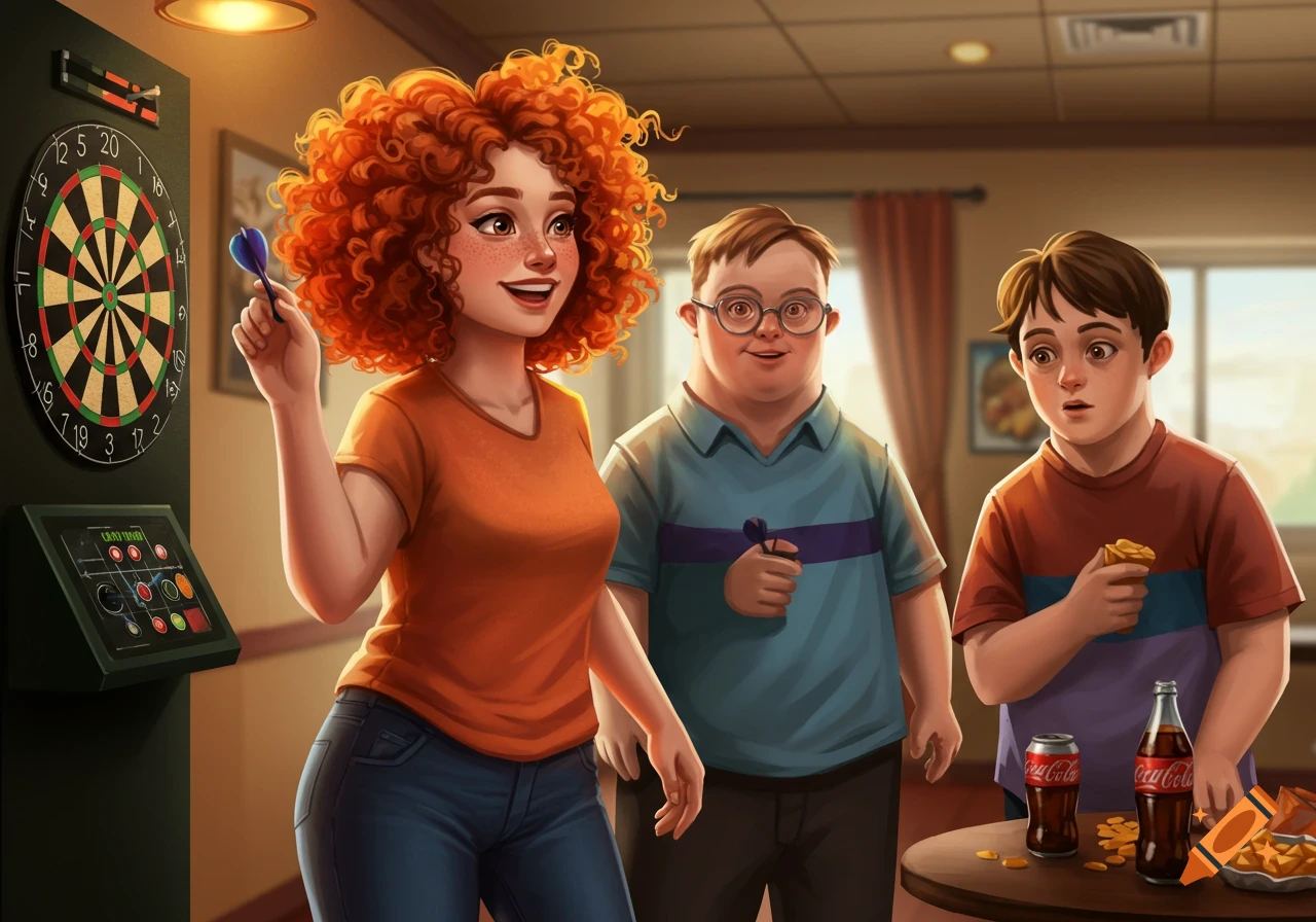 Three friends playing darts indoors.