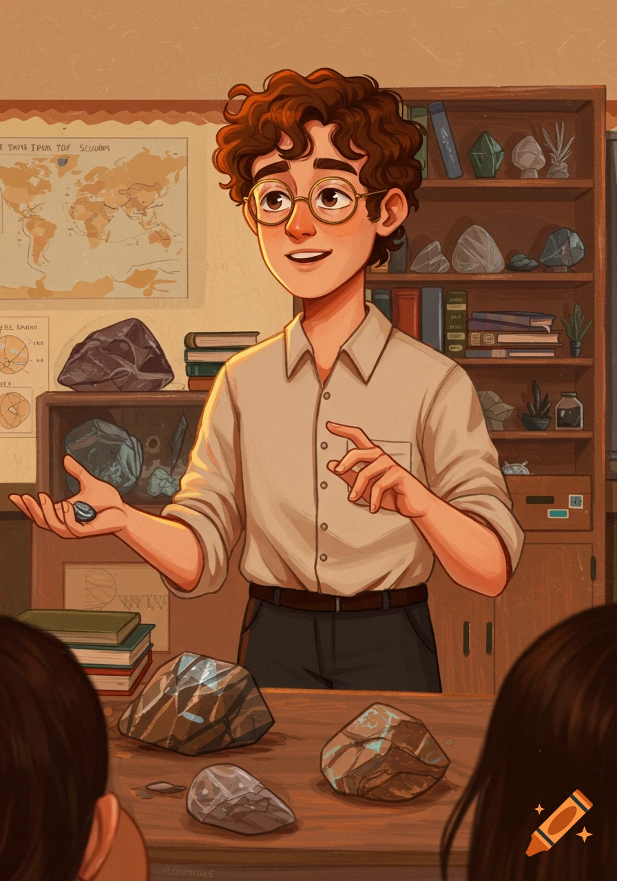 Illustration of a young teacher in a classroom, showing rocks to students. Features a map and rock specimens.
