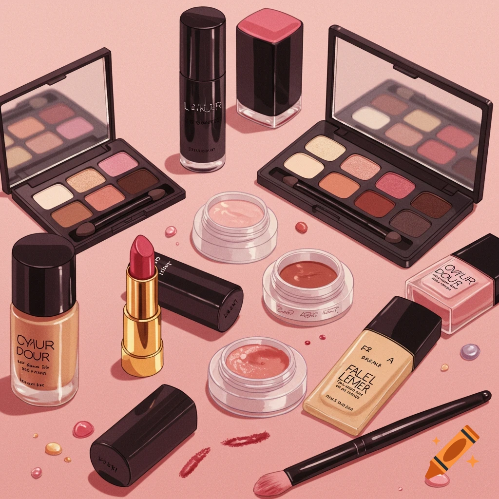 An isometric view of various cosmetics including eyeshadow palettes, lipstick, foundation, nail polish, and cream jars arranged on a pink surface.