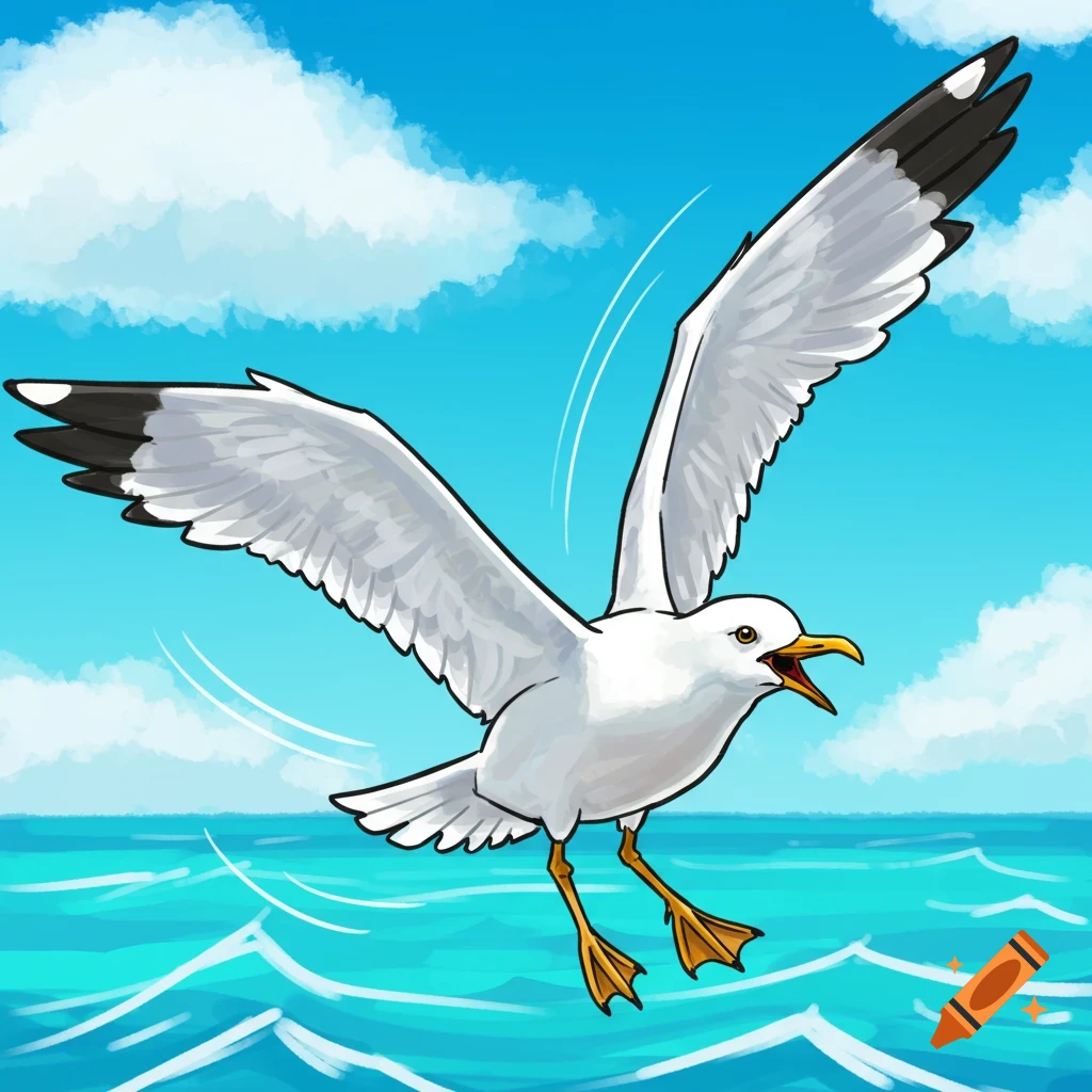 Drawing of a seagull flying with outstretched wings over blue water.