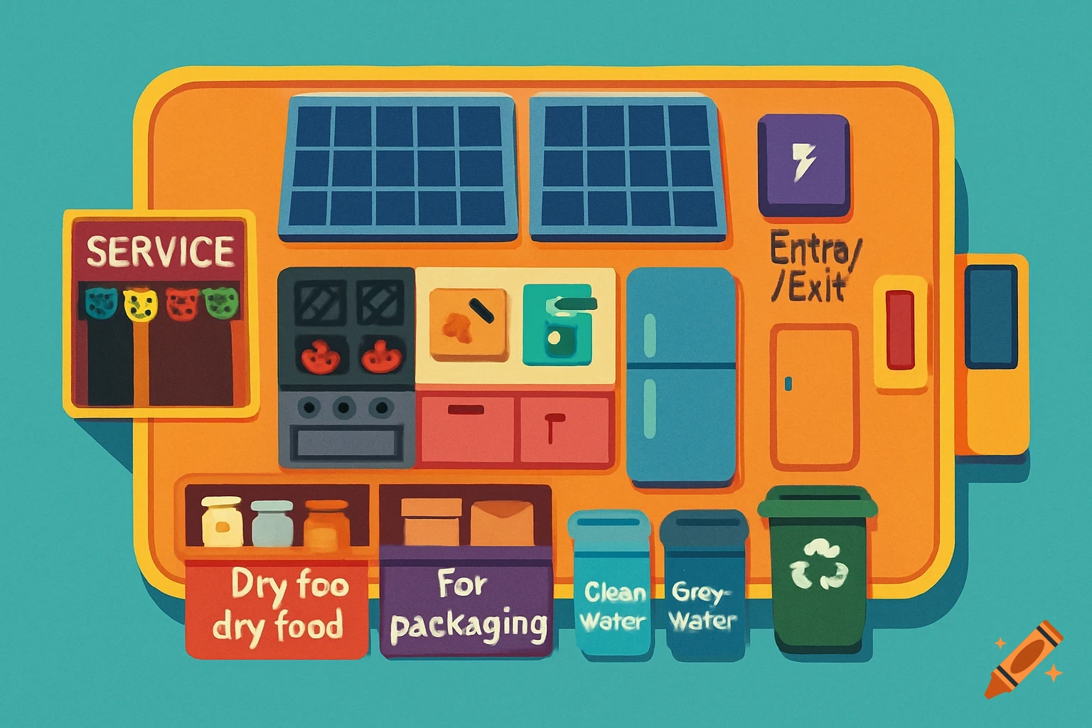 Colorful stylized bird's eye view layout of a food truck with labels for service, kitchen, storage, and waste.