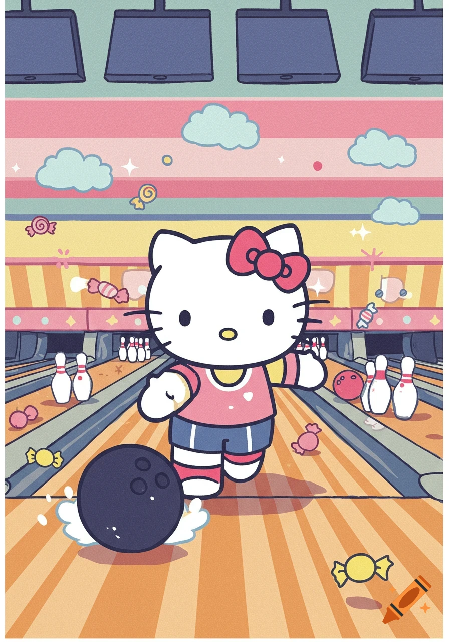 Hello Kitty bowling in a cartoon style
