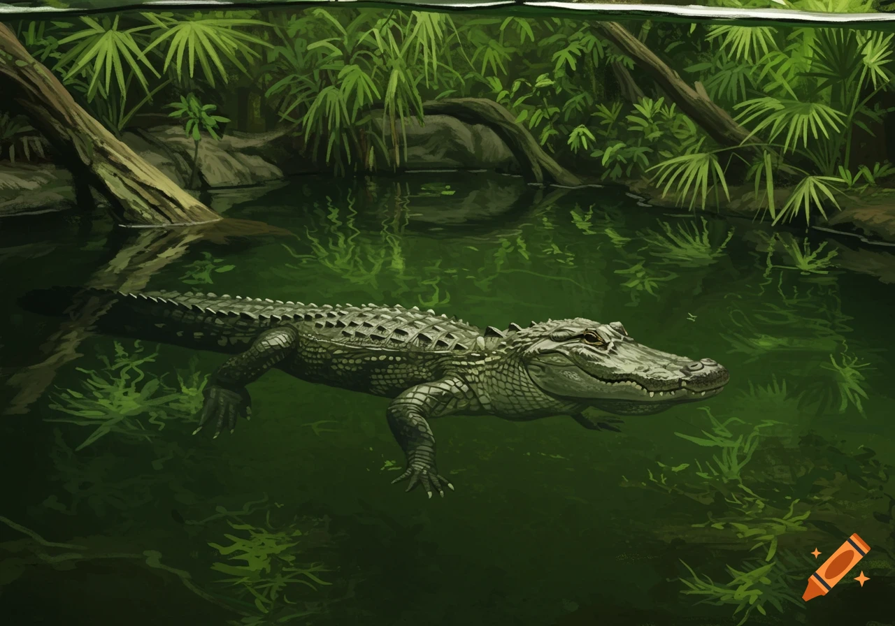 An alligator swims in dark green water surrounded by jungle plants and a fallen log. Painted style.