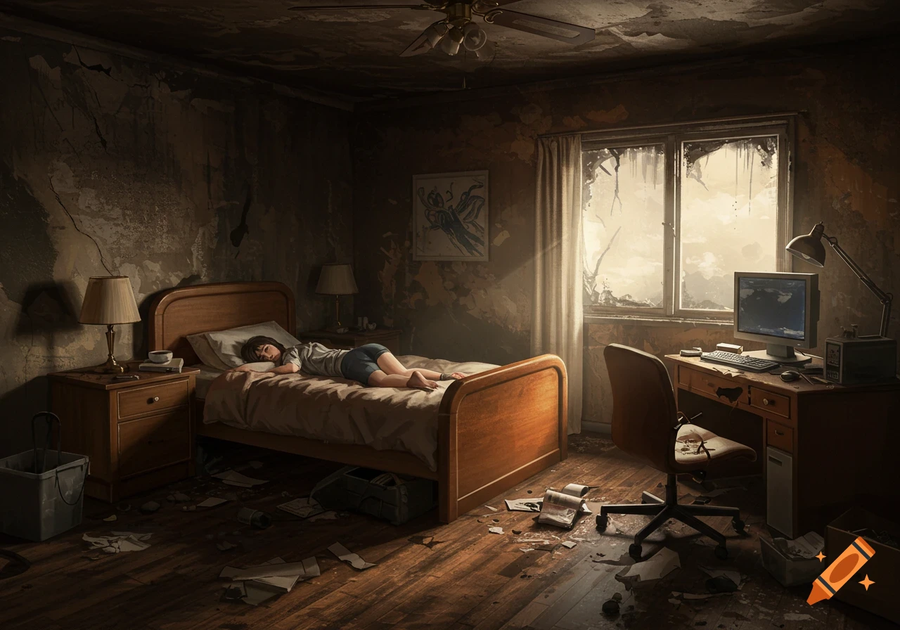 A person sleeps on a bed in a dilapidated, messy room with broken furniture and papers scattered on the floor.