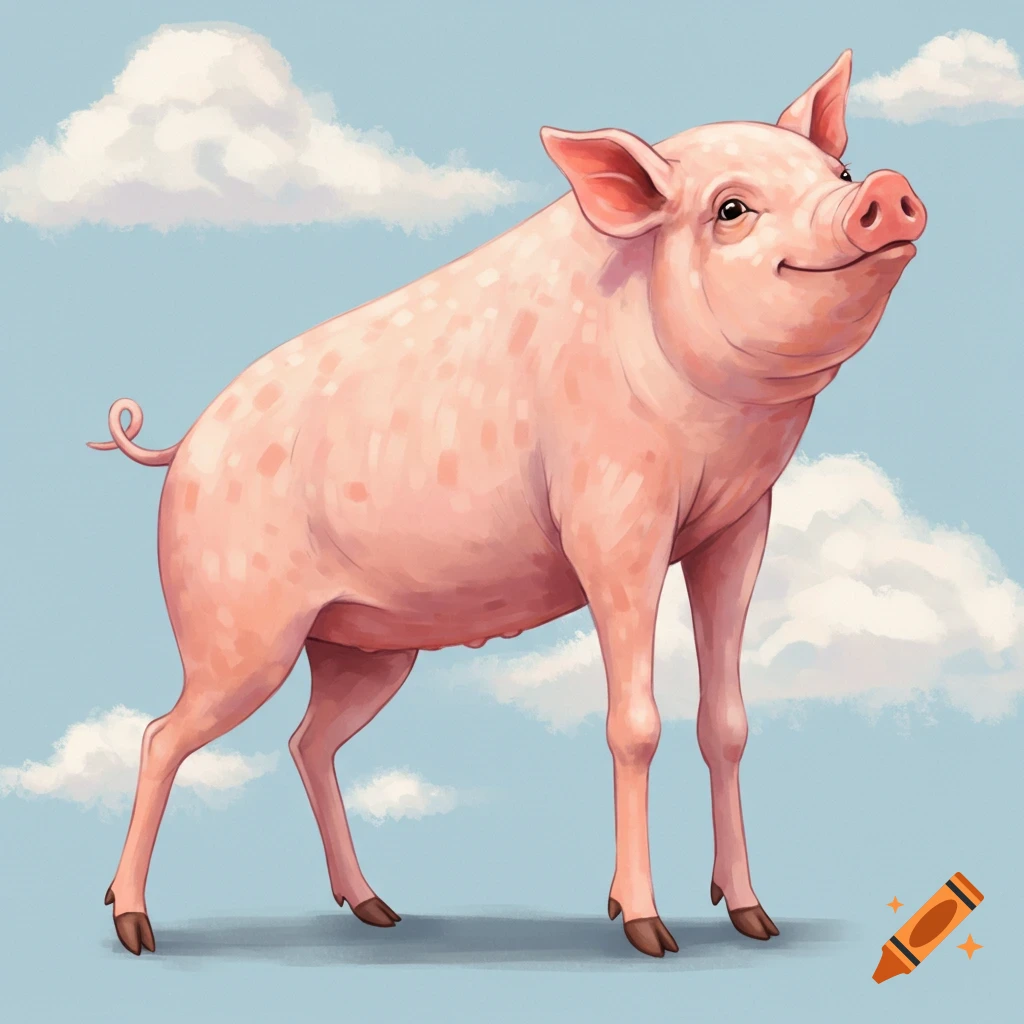 A pink pig stands against a blue sky with clouds, illustrated in a painterly style.