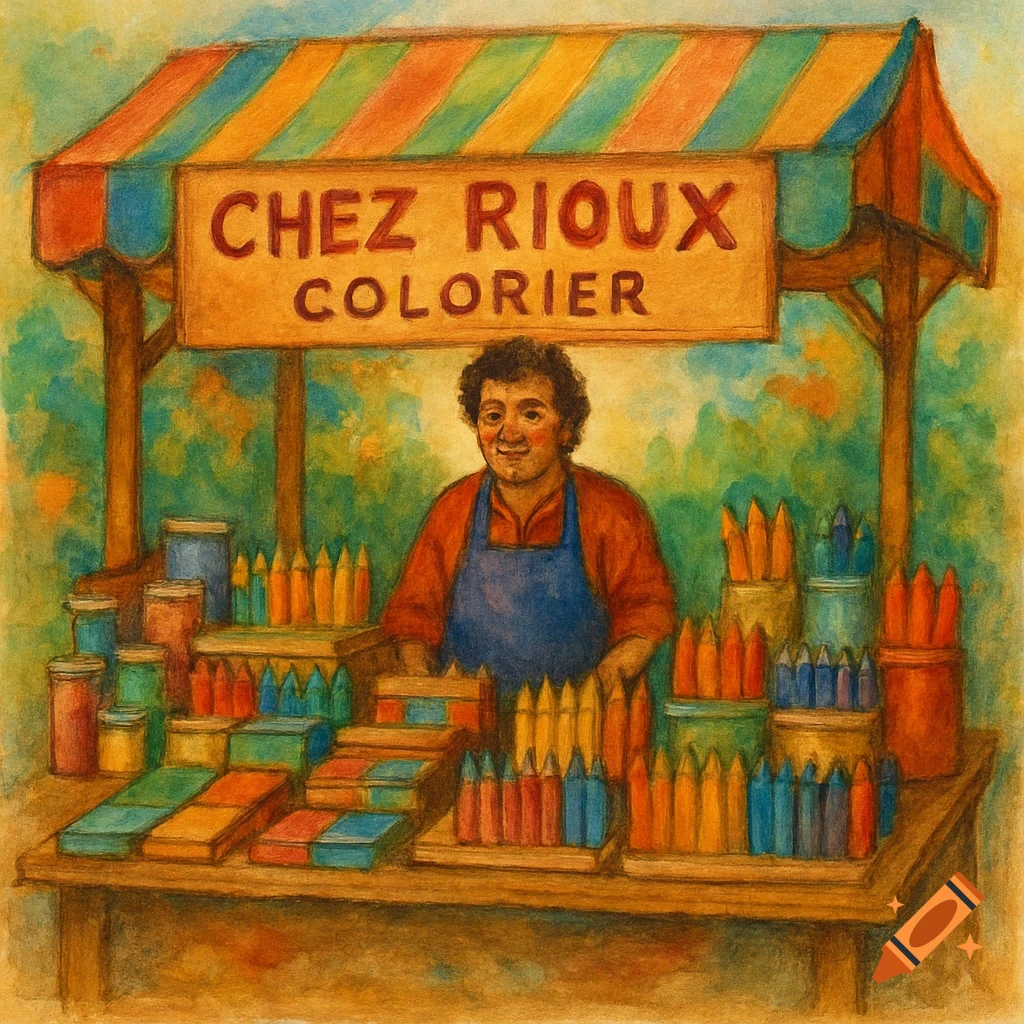 A man stands behind a market stall selling art supplies like crayons and paints, in a watercolor illustration style.