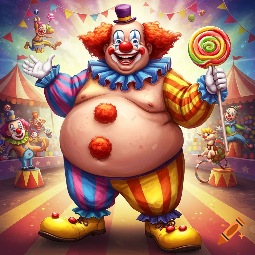 Illustrative image of a large, smiling clown in a circus holding a giant lollipop with other clowns in the background.