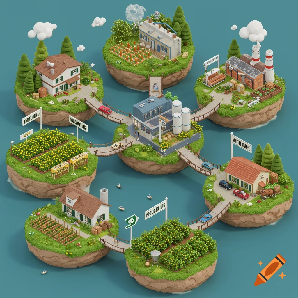 Isometric 3D diorama of connected islands representing a community with housing, farms, industry, and auto care.