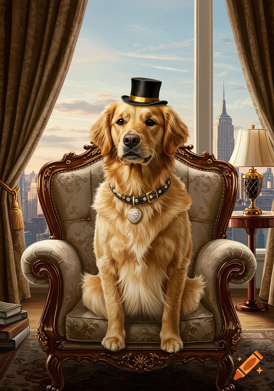 A golden retriever in a top hat and diamond collar sits in a chair overlooking a city.