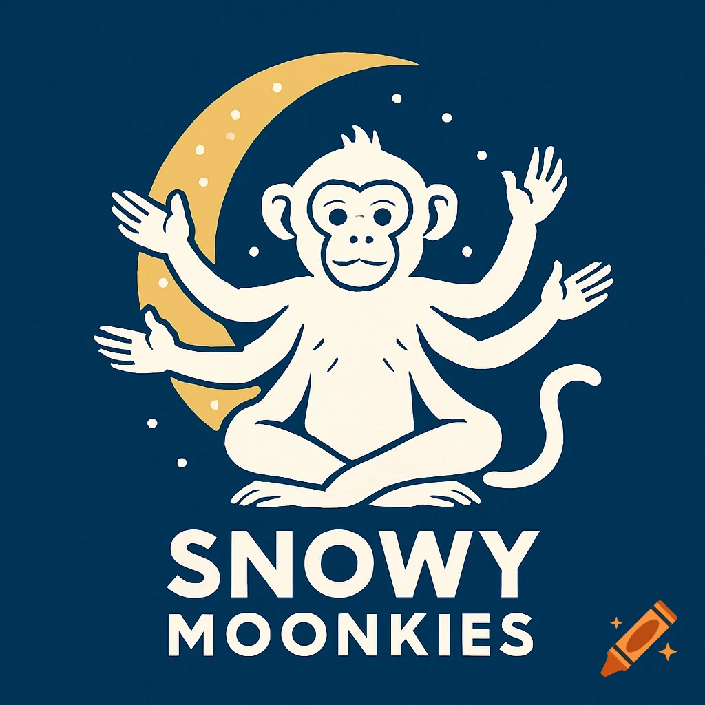 A graphic logo features a white monkey with six arms sitting below a yellow crescent moon with stars on a dark blue background. Text below reads SNOWY MOONKIES.