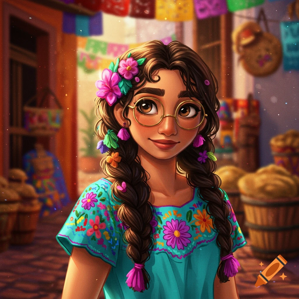 Illustration of a young woman with braids and flowers in her hair, wearing an embroidered blouse in a colorful market.
