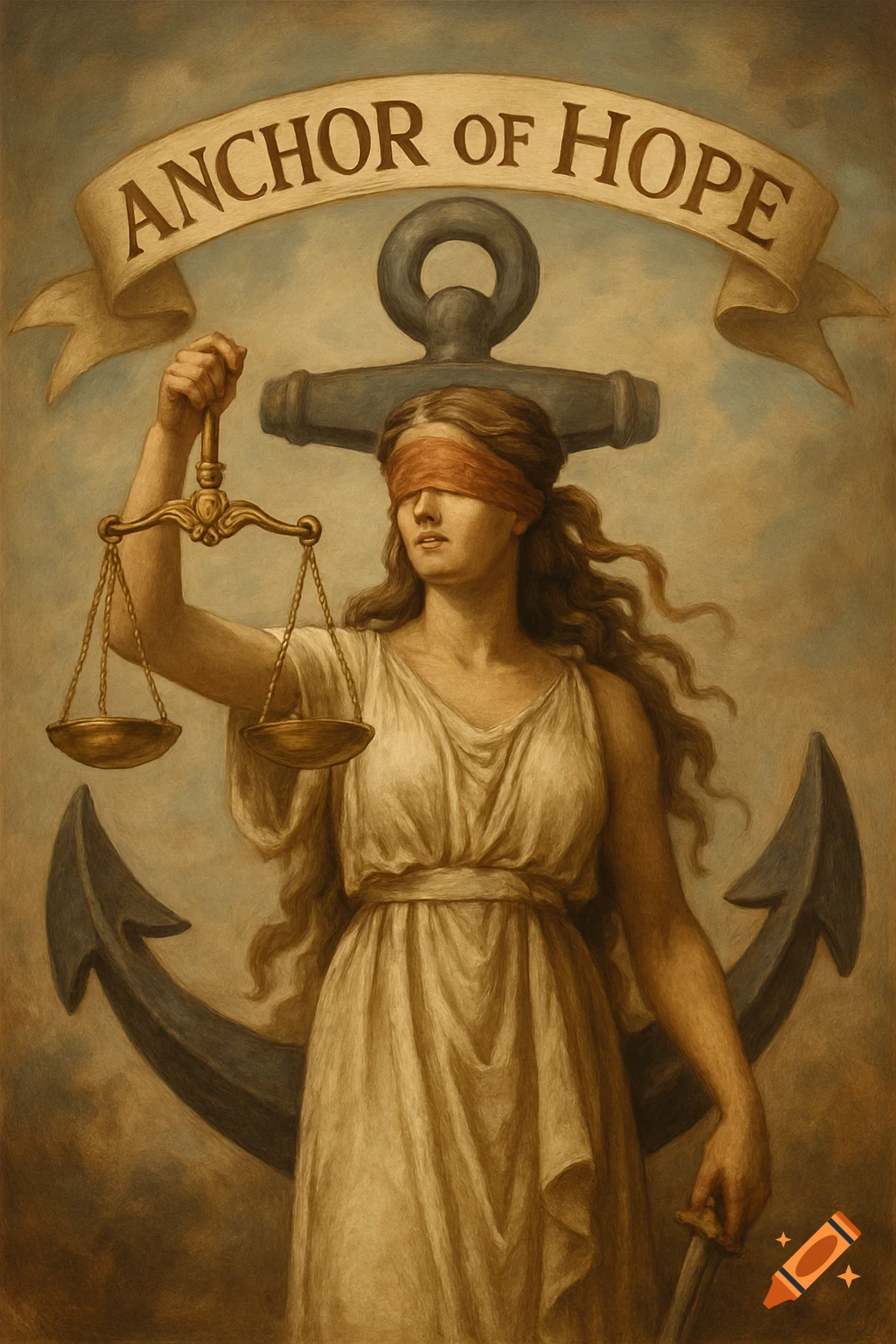 Blindfolded woman holding scales and sword before anchor with "ANCHOR OF HOPE" banner, painterly style.