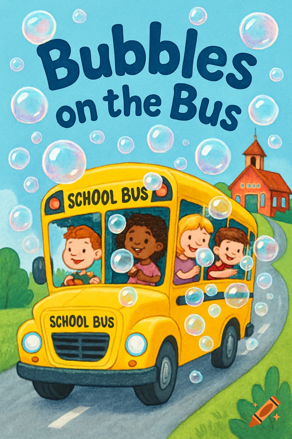 Cartoon illustration of a yellow school bus driving on a road with children inside and bubbles floating around it. The title reads "Bubbles on the Bus".