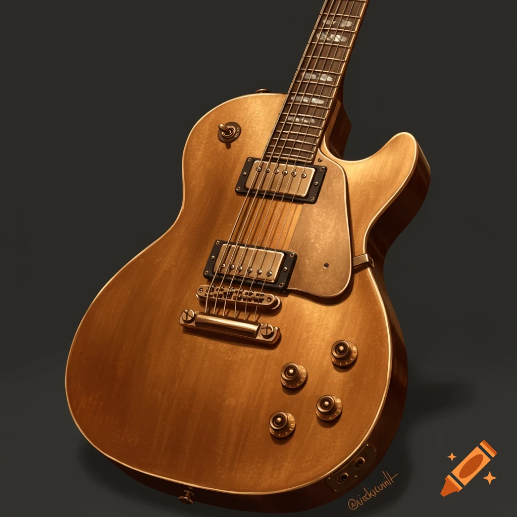 Close-up view of a bronze electric guitar against a dark background.