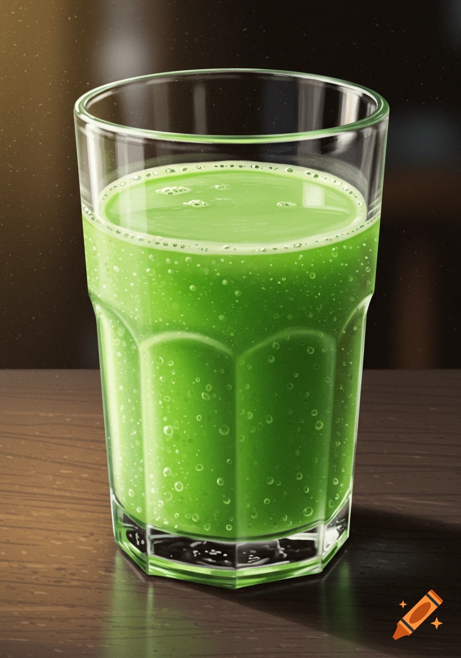 A glass of green drink on a wooden table.