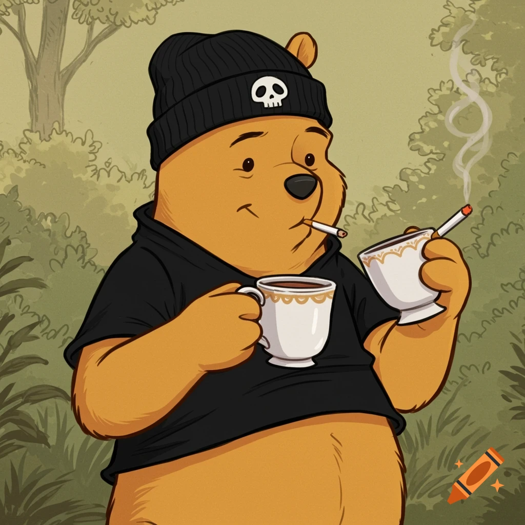Illustration of Winnie the Pooh wearing a beanie and t-shirt, smoking a cigarette and holding coffee cups.