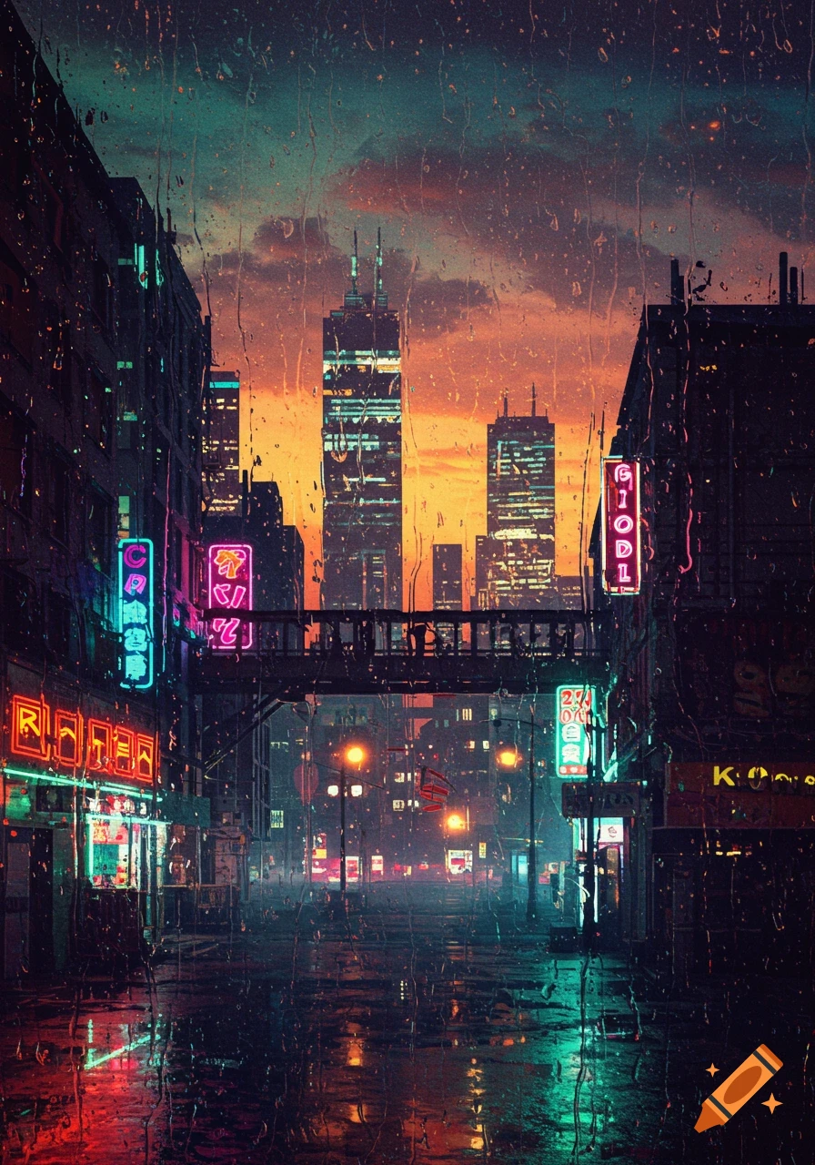 Rainy city street at dusk with neon signs and reflections